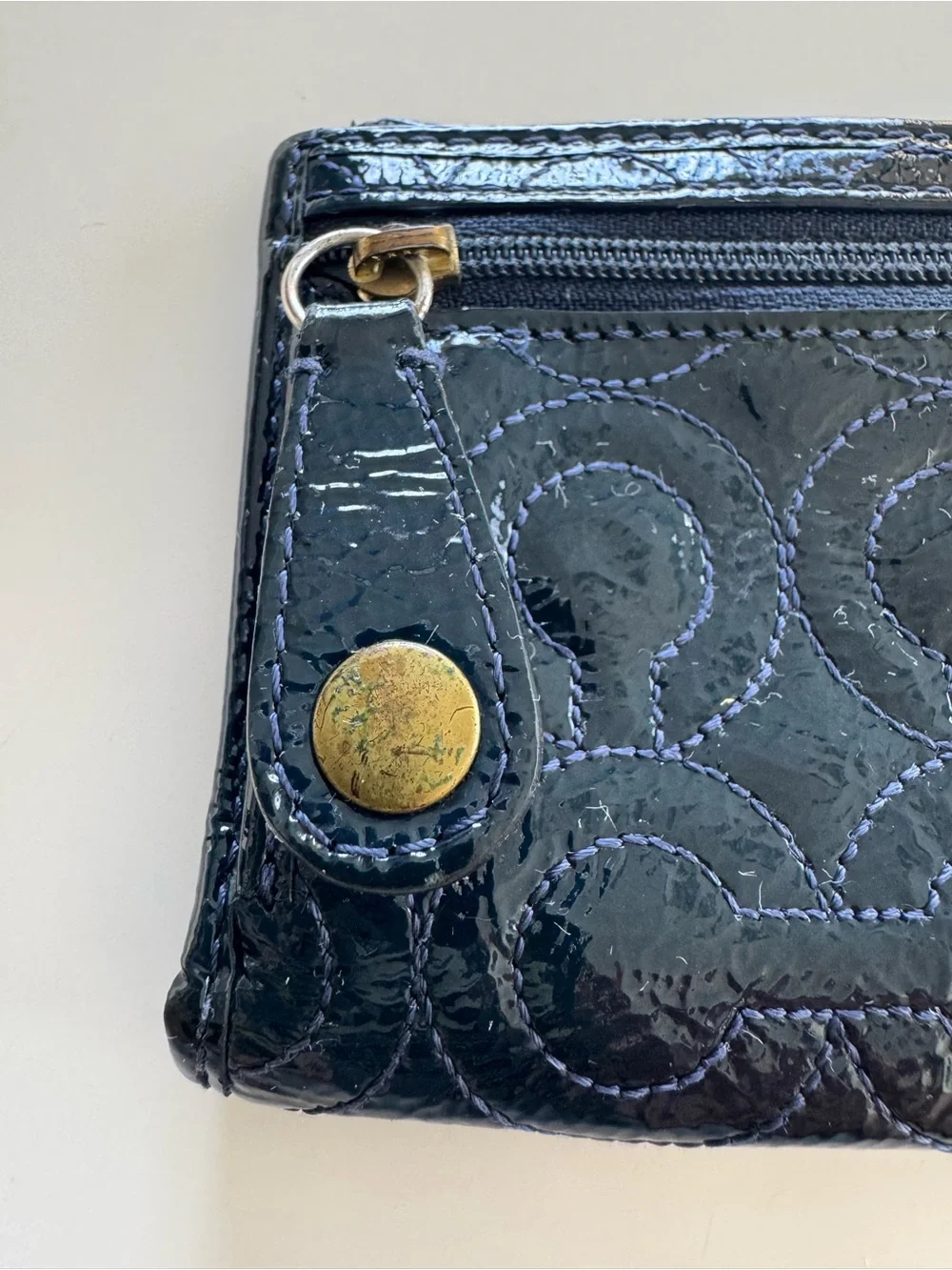 Coach Glossy Patent Coin Wallet in dark blue with Gol/Brass Accent